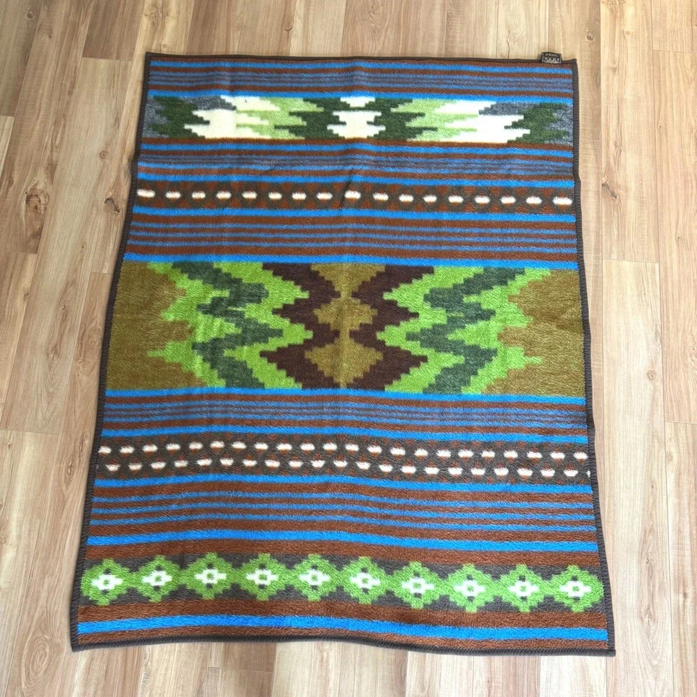 Vintage Biederlack Southwestern Aztec Geometric Blanket Blue Green West Germany
